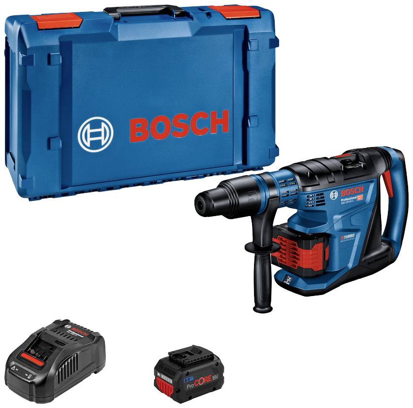 Blauer Bosch-Akku-Bohrhammer mit Ladegerät, Akku und Transportkoffer. Werkzeug für den professionellen Einsatz in Bauarbeiten.