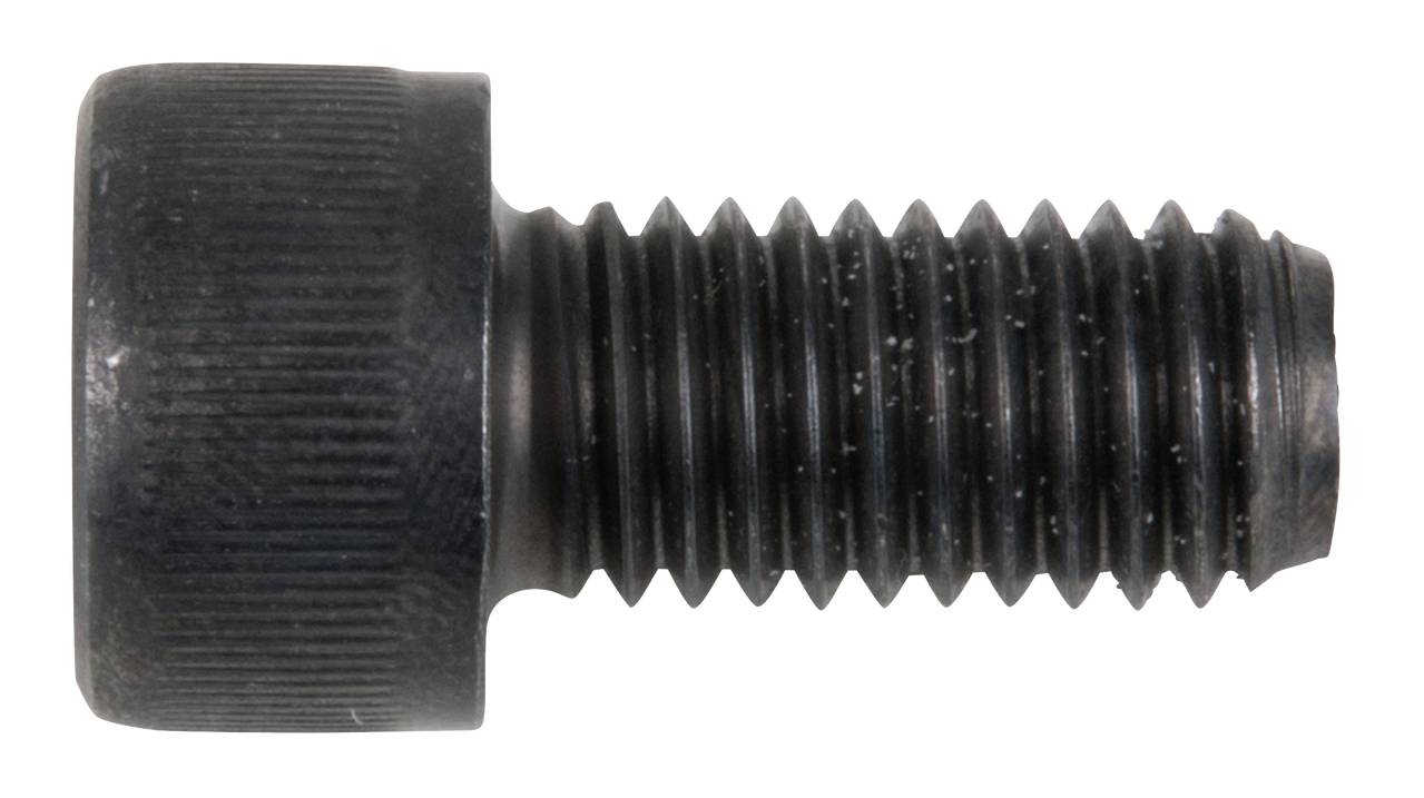 Eine schwarze, gerändelte Schraube mit flachem Kopf und Gewinde.