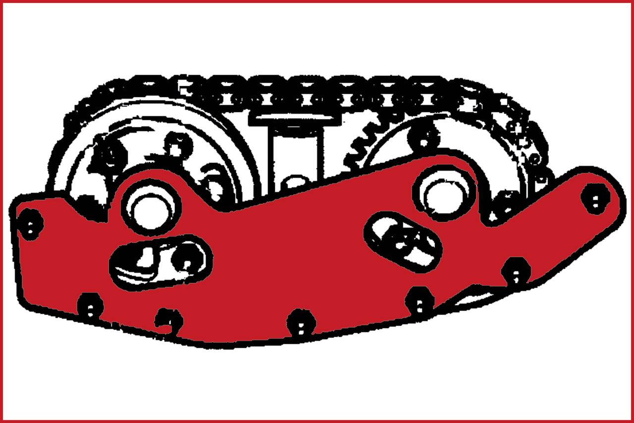 Ein rot-schwarzes mechanisches Zahnrad- und Kettensystem, vermutlich Teil eines größeren Gerätes oder einer Maschine.