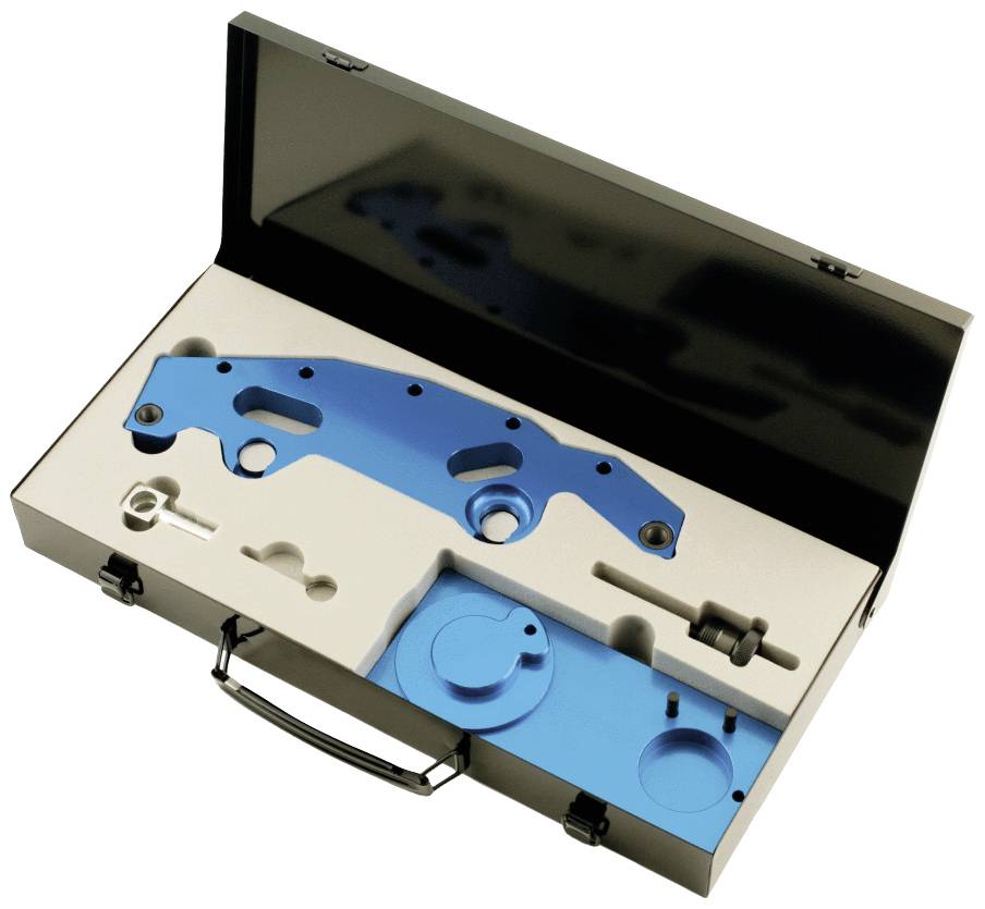 Werkzeugkoffer mit speziellen blauen Formteilen zur Montage oder Reparatur, in einem beige Schaumstoff-Inlay organisiert.