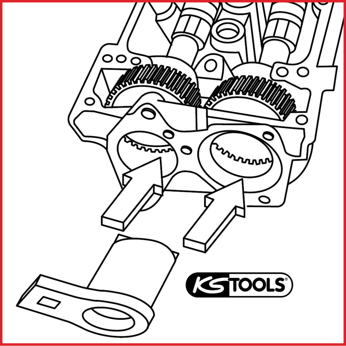 'KS Tools' Motorbauteil-Diagramm zeigt Zahnräder und Positioniermarkierungen zur Ausrichtung bei der Montage.