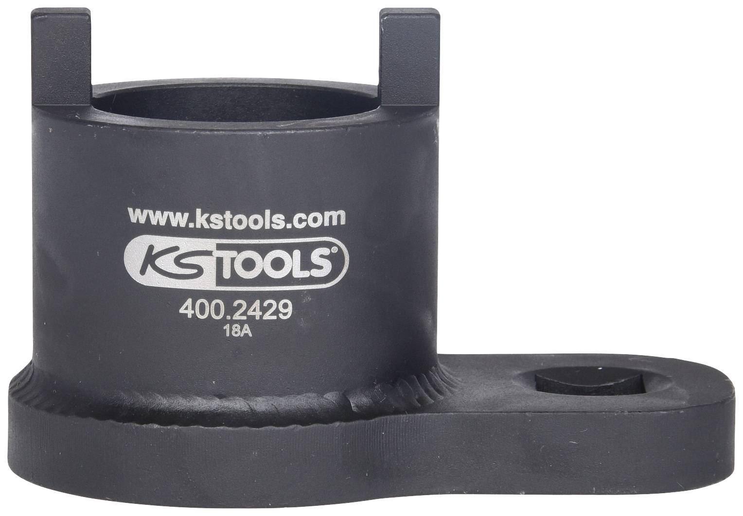 Ein schwarzes Werkzeug mit der Aufschrift 'www.kstools.com' und 'KS TOOLS 400.2429 18A', wahrscheinlich eine Spezialeinrichtung.