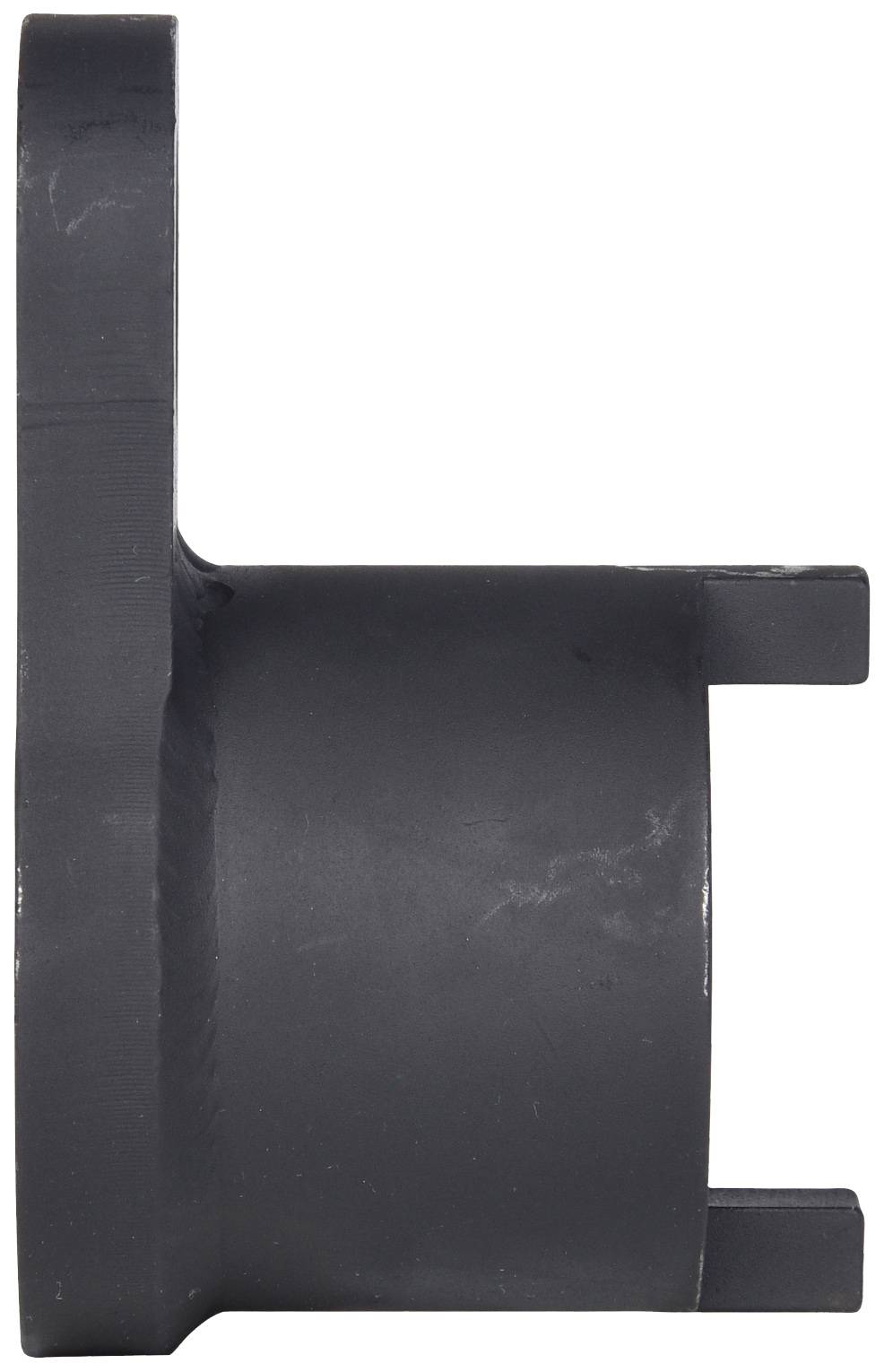 Seitlicher Blick auf ein schwarzes, zylindrisches Maschinenteil mit Flansch; könnte Teil eines mechanischen Geräts oder Fahrzeugs sein.