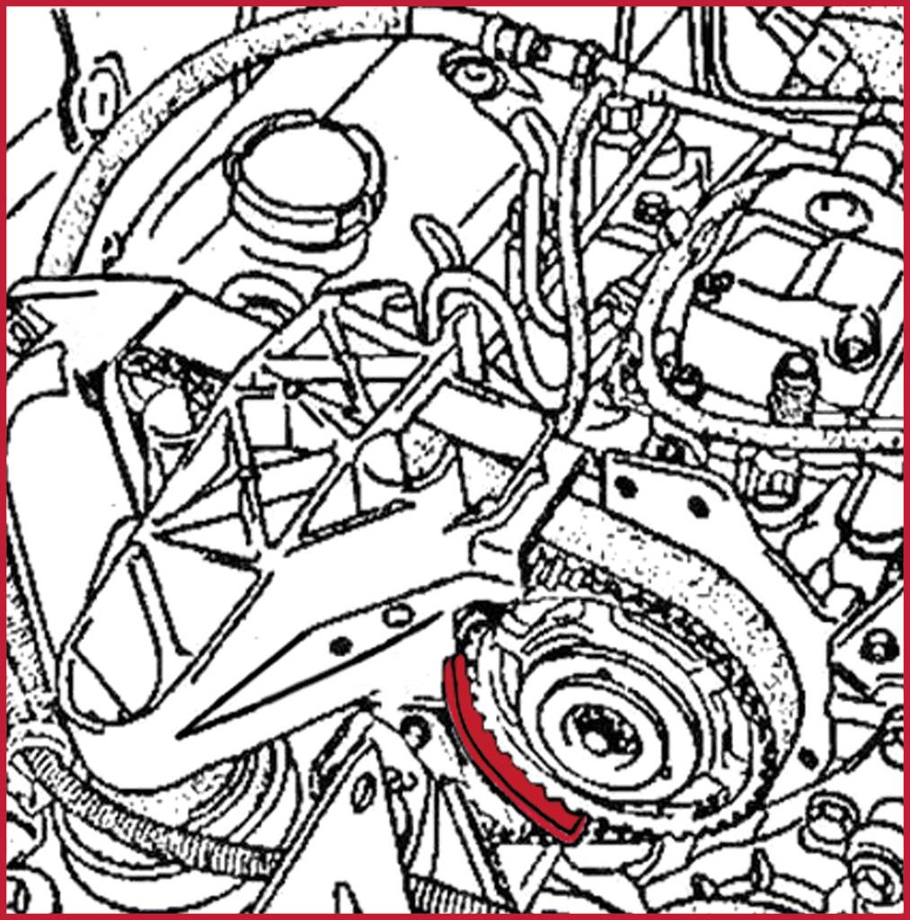 Zeichnung eines komplexen Motorenteils mit sichtbaren Kabeln und Schläuchen. Ein großes Bauteil dominiert die Mitte des Bildes.