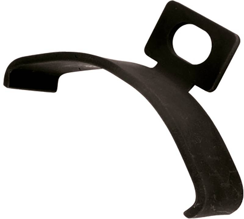 Eine schwarze, gewölbte Halterung aus Metall mit rechteckiger Basis und rundem Loch, wahrscheinlich zur Befestigung an einer Oberfläche.