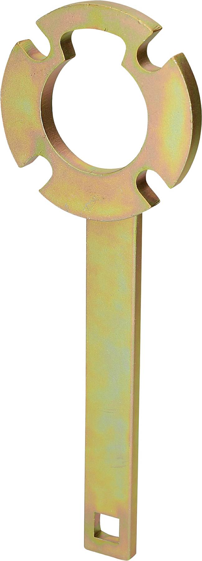 Ein metallischer Spezialschlüssel mit einem kreisförmigen Griff und einem langen, schmalen Stiel. Wird möglicherweise für industrielle Zwecke genutzt.