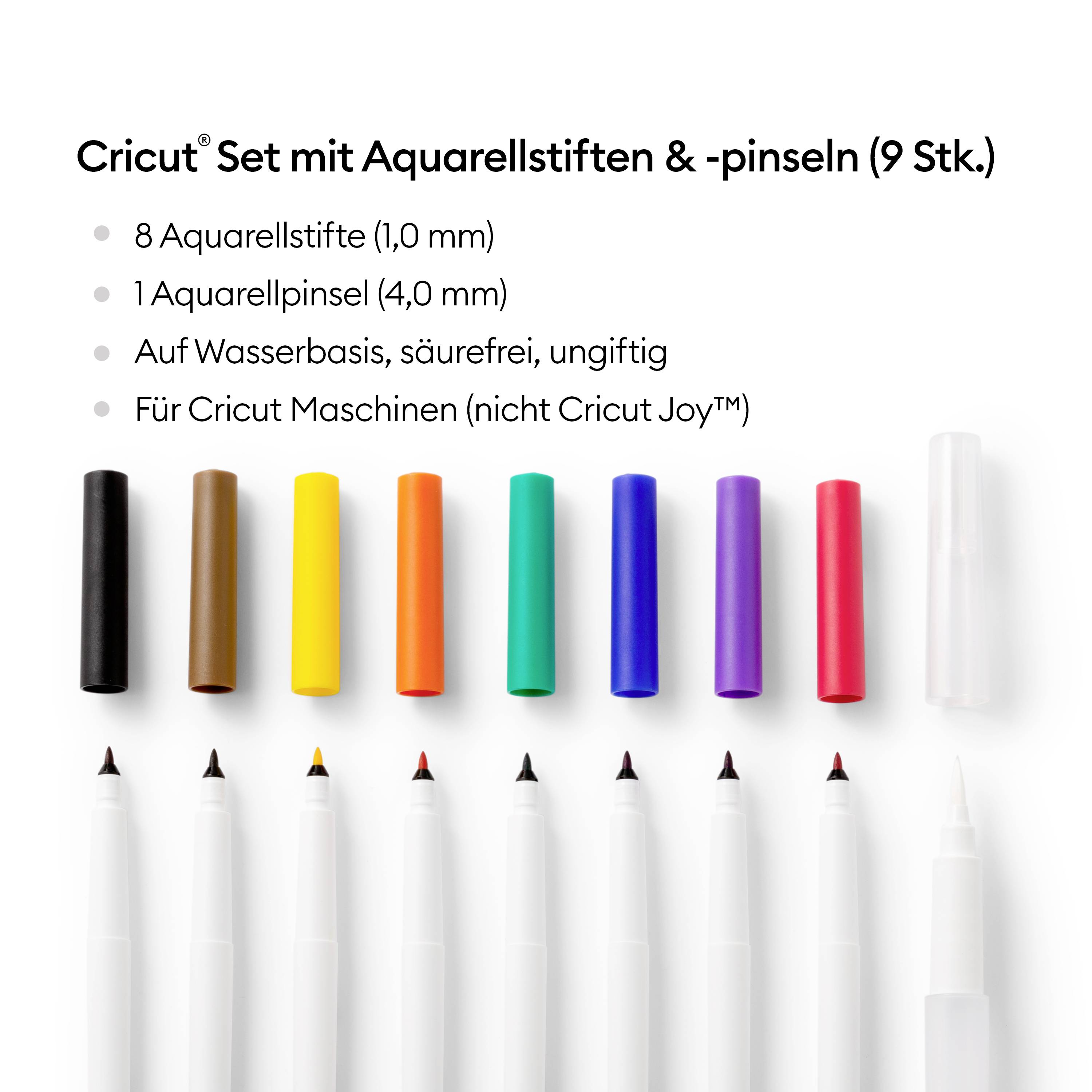 Cricut Aquarellstiften & -pinsel, 9er Stiftset Grün, Blau, Violett, Rot, Schwarz, Braun, Gelb, Orange