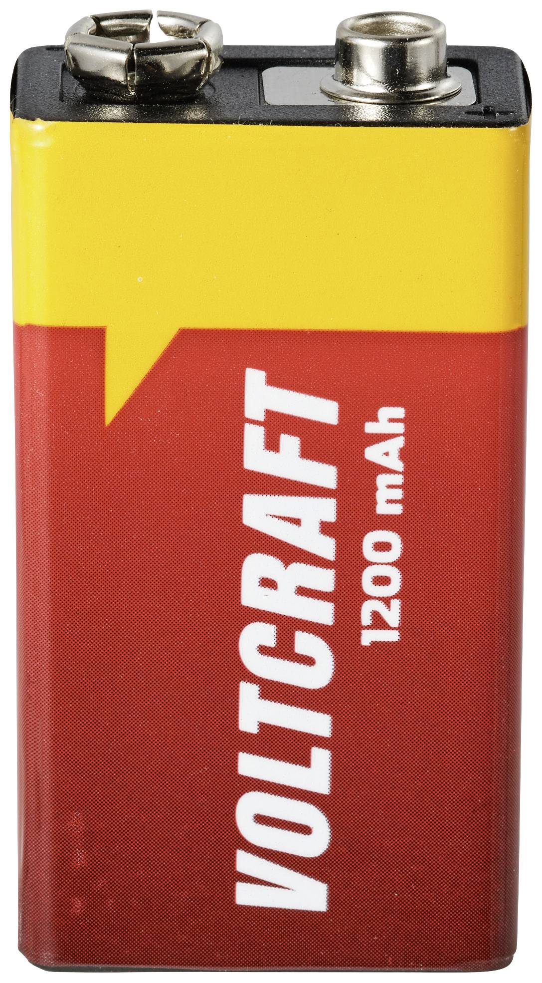 Eine rote 9-Volt-Batterie mit gelber Oberseite, auf der 'VOLTCRAFT 1200 mAh' steht.