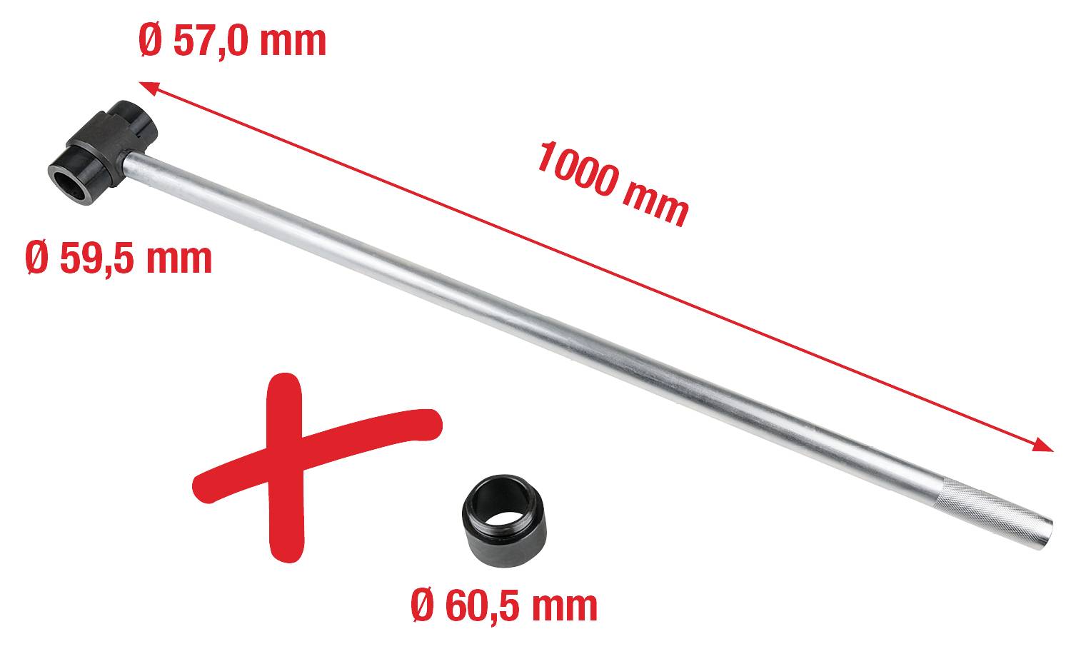 Langer Metallstab, 1000 mm, Durchmesser 59,5 mm, mit einem schwarzen Ende von 57 mm Durchmesser. Zusätzlich ein schwarzer Ring, 60,5 mm Durchmesser.