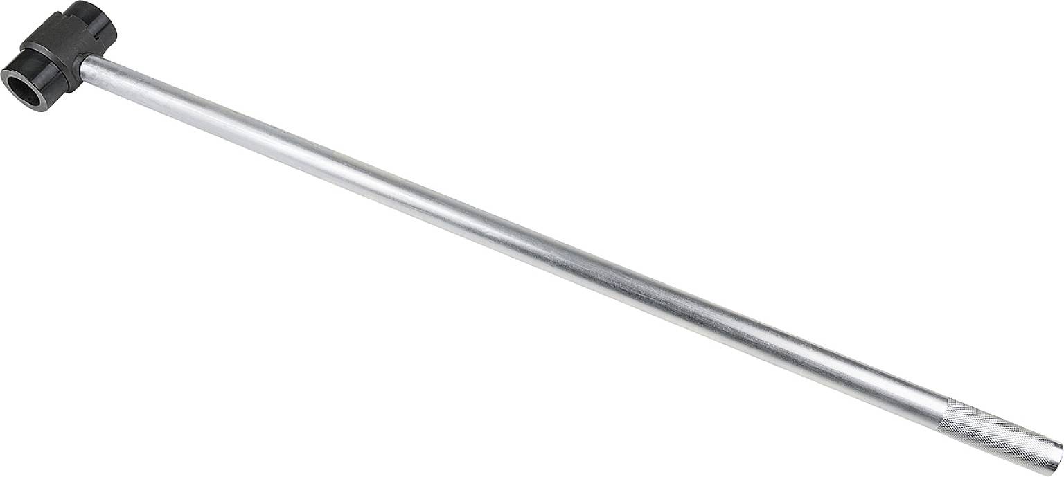 Ein langer Metallstab mit einem schwarzen Kunststoffgriff am Ende, möglicherweise ein Werkzeug oder Hebel zur Anwendung von Kraft.