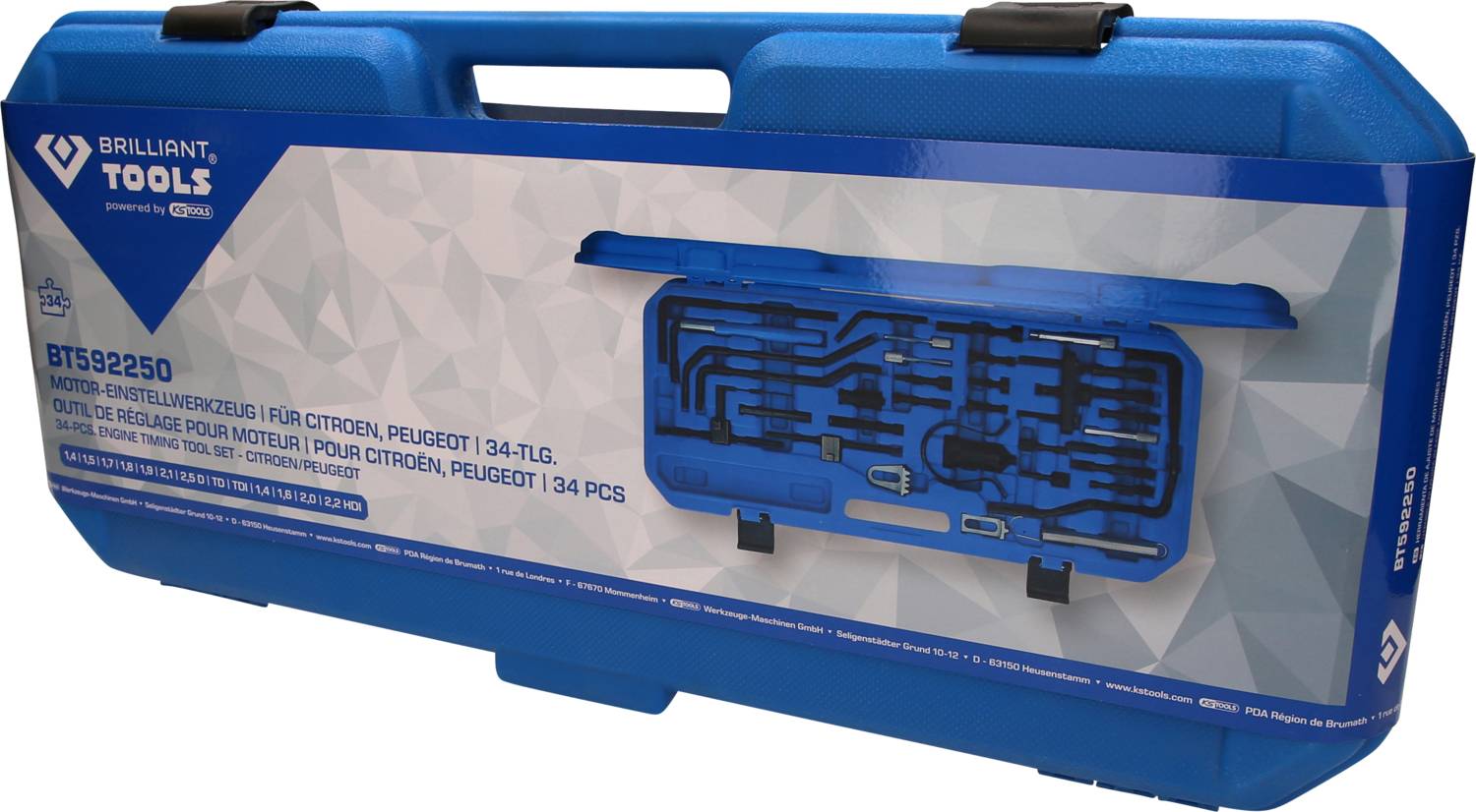 Blauer Werkzeugkoffer mit Aufschrift 'Brilliant Tools'. Enthält 34-teiliges Demontagewerkzeug für Citroën und Peugeot.