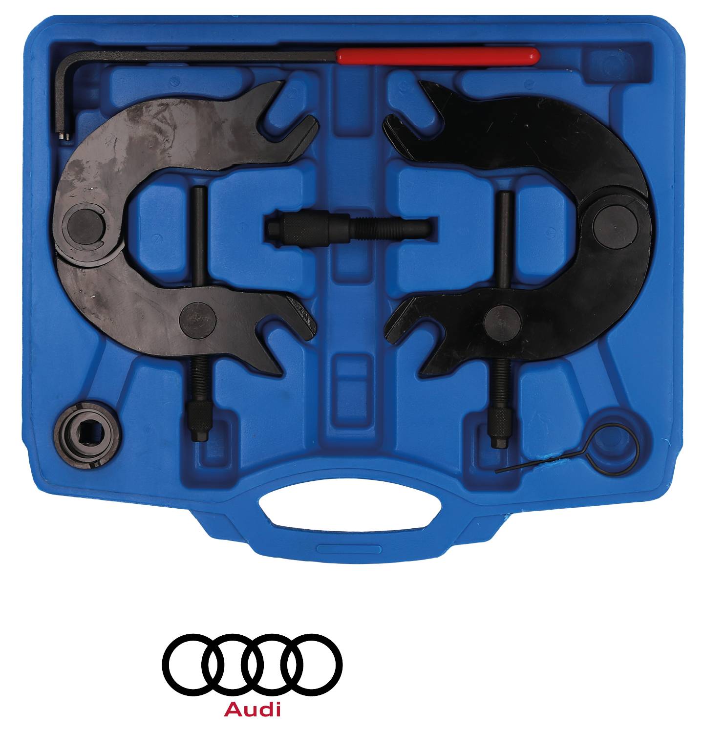 Blaues Kunststoff-Etui mit zwei schwarzen Abziehvorrichtungen für Audi-Fahrzeuge zur Demontage von Kugelgelenken.