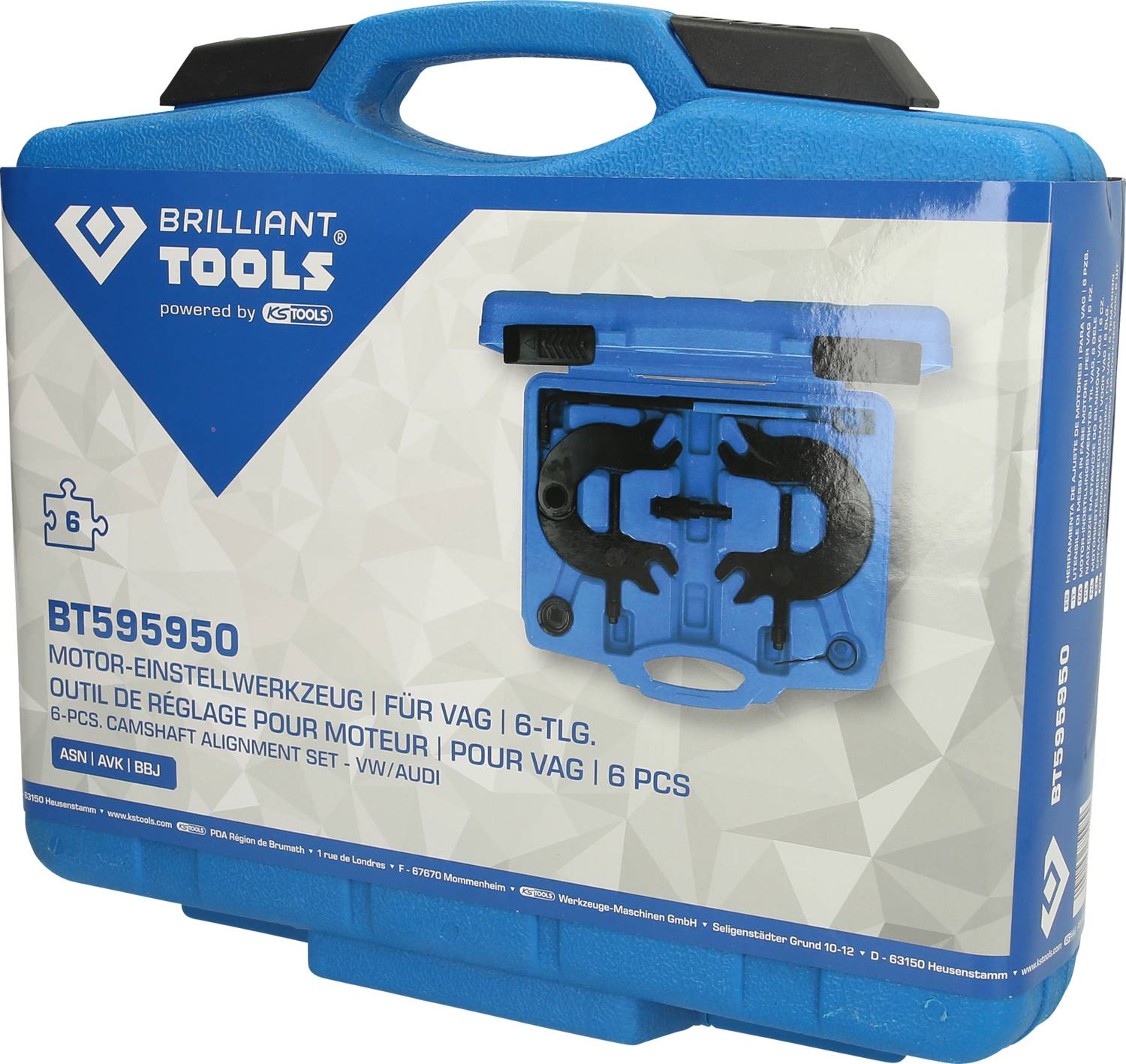 Blauer Werkzeugkoffer von Brilliant Tools, Modell BT595950, enthält 6-teiliges Motor-Einstellwerkzeug für VAG-Motoren.