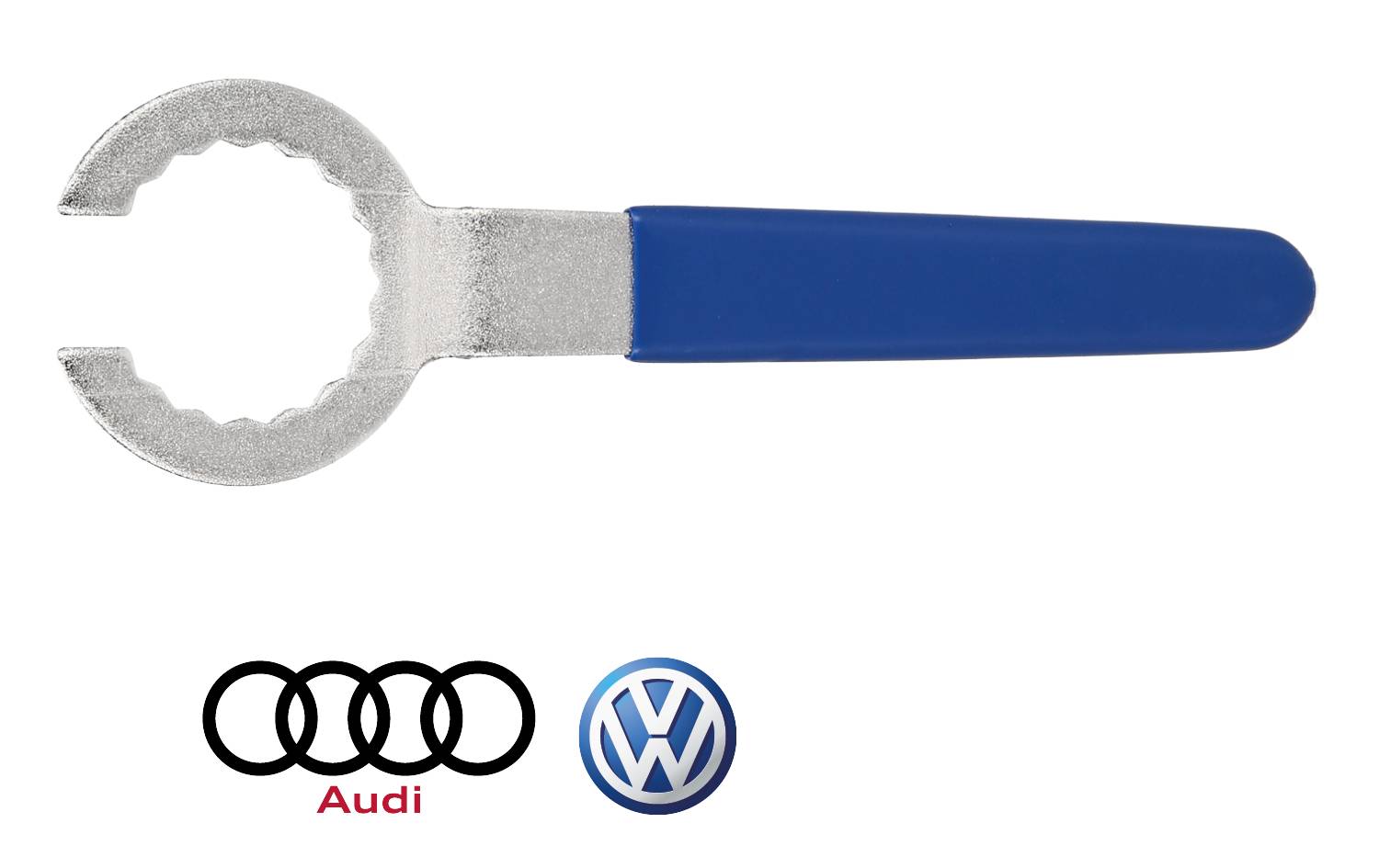 Ein silbernes Werkzeug mit blauem Griff, unten die Logos von Audi und Volkswagen.