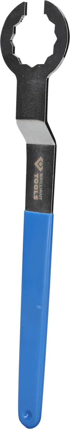 Ein blauer Gabelschlüssel mit schwarzem Kopf, speziell für Fahrradwartung entwickelt, liegt auf weißem Hintergrund.