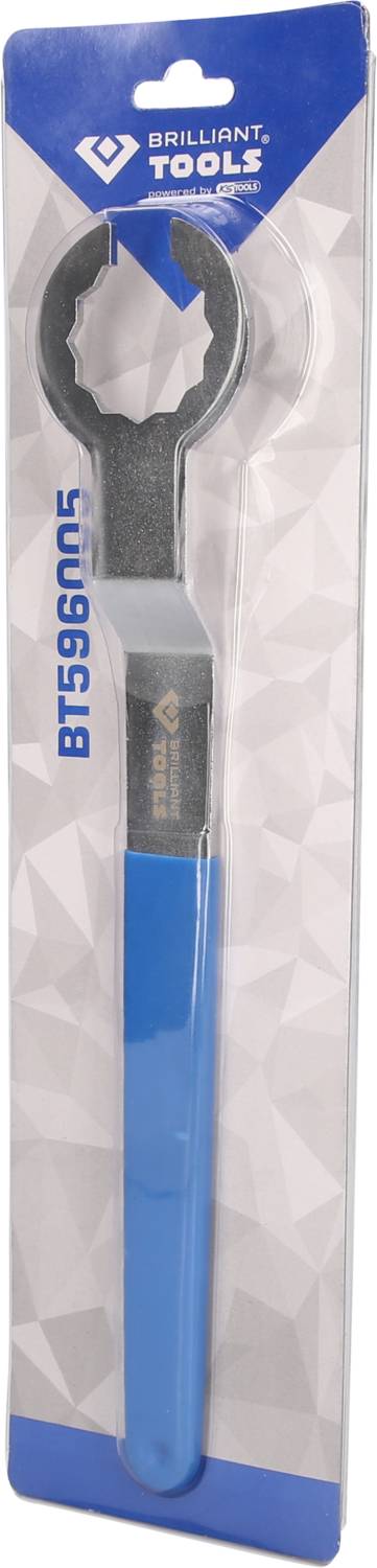 Ein blauer Ölfass-Schlüssel von Brilliant Tools, Modell BT590005, in einer blauen und weißen Verpackung.