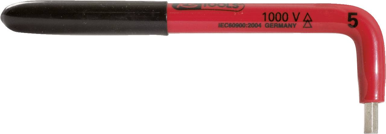Isolierter Winkelschlüssel mit schwarzem Griff und rotem Schaft, beschriftet mit '1000 V', 'IEC 60900:2004 Germany', und der Zahl '5'.
