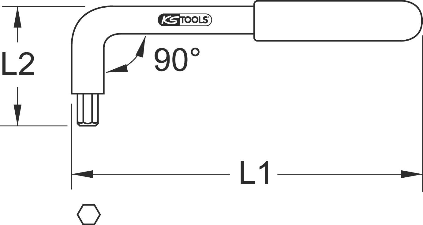 Ein L-förmiger Innensechskantschlüssel mit 90°-Winkel. Die Maße L1 und L2 sind gezeigt. Oben ist das Logo 'KS Tools' zu sehen.