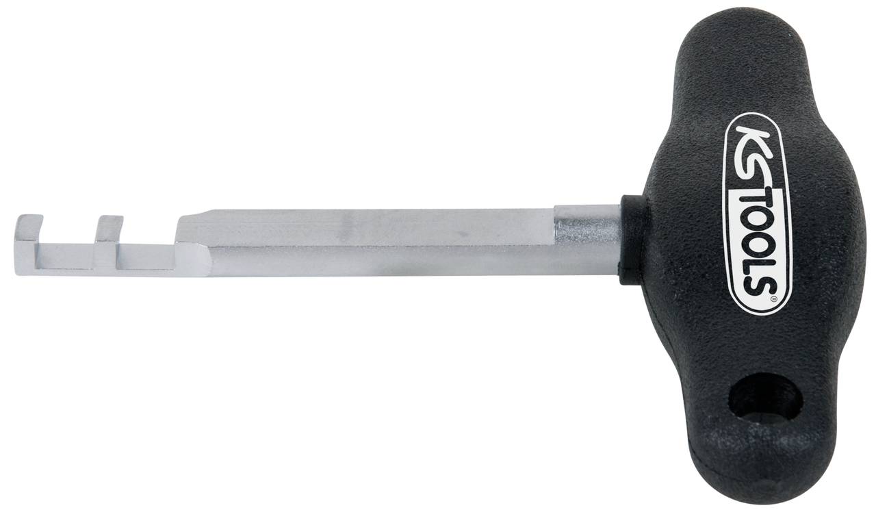 Schlüsselwerkzeug mit Kunststoffgriff und Metallstange, gebrandmarkt mit 'KS TOOLS'. Wird zum Entriegeln von Mechanismen verwendet.