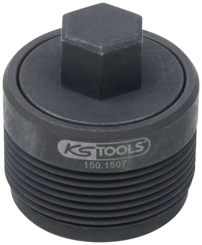Ein schwarzer Schraubenschlüsselaufsatz mit sechseckiger Halterung. Aufschrift: 'KS TOOLS 150.1507'.