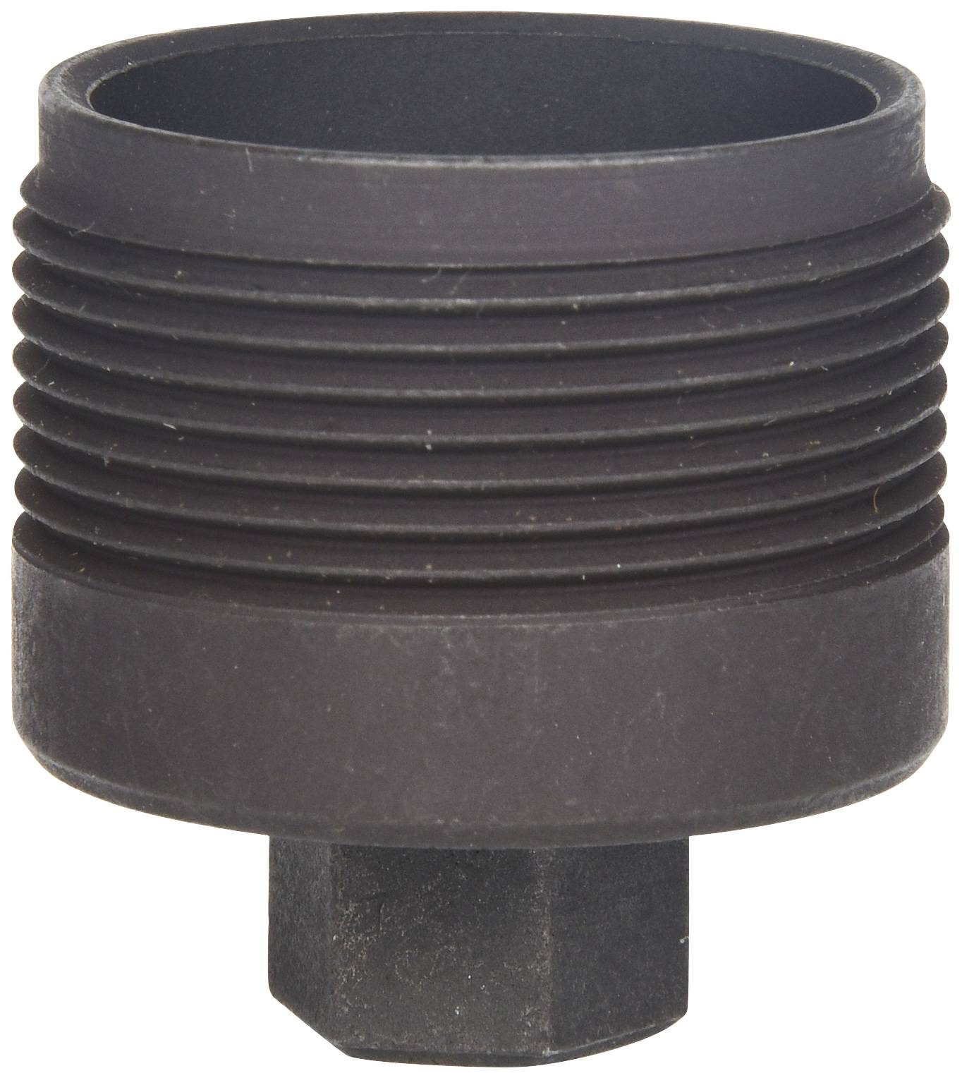 Dunkles, zylindrisches Metallobjekt mit geriffelter Oberfläche und sechseckiger Basis, möglicherweise ein Maschinenteil oder Adapter.