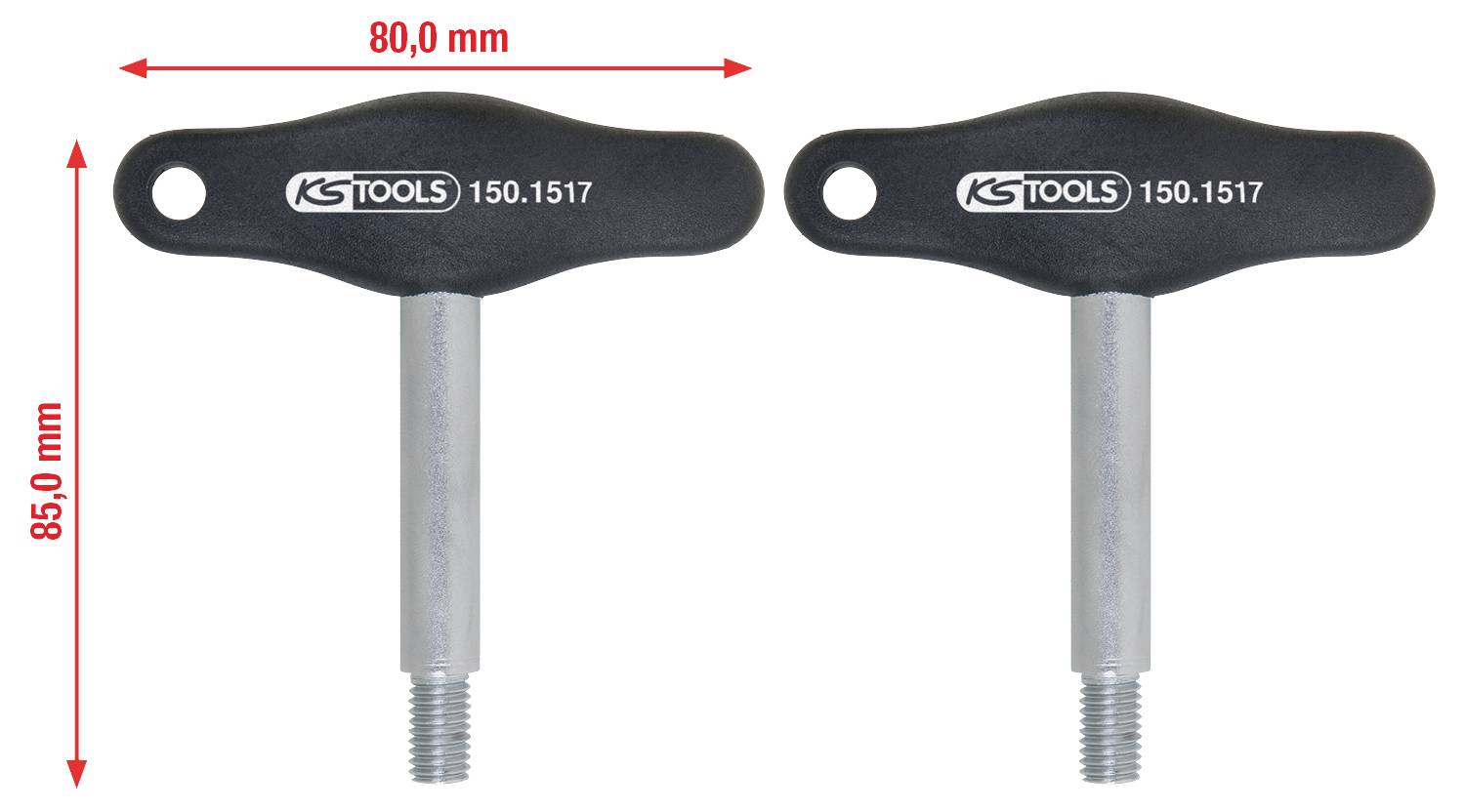 Zwei schwarze Drehmomentschlüssel mit silbernem Griff nebeneinander. Oben ist 'KS Tools 150.1517' zu lesen. Maße: 80 mm Breite, 85 mm Höhe.