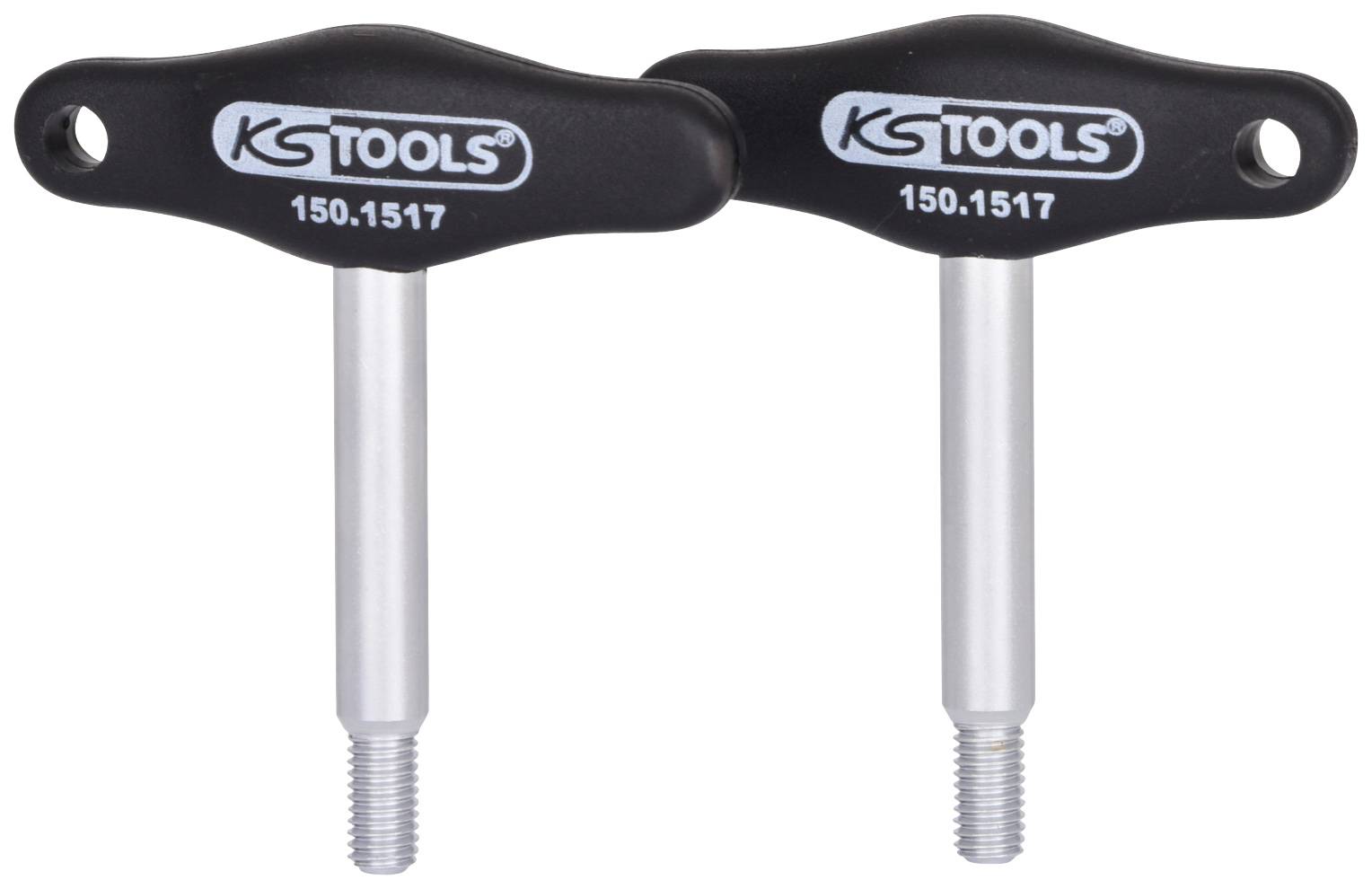 Zwei schwarze T-Griff-Schlüssel mit silbernem Stiel und Gewinde-Ende, gekennzeichnet mit 'KS TOOLS' und der Nummer '150.1517'.
