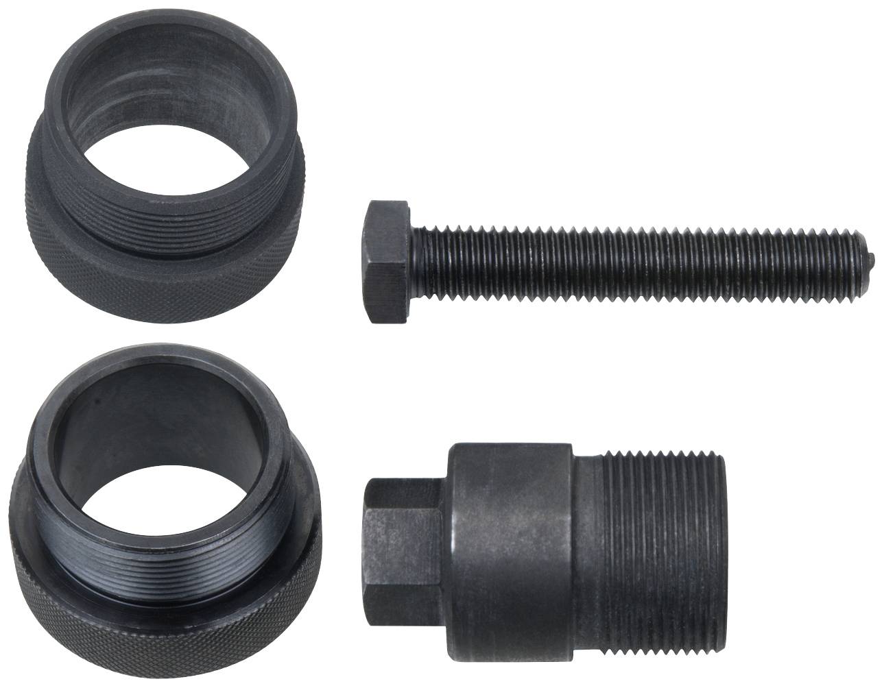 Satz von Metallwerkzeugen mit Schraube und zwei Gewindeteilen, verwendet für mechanische Befestigungen und Reparaturen.