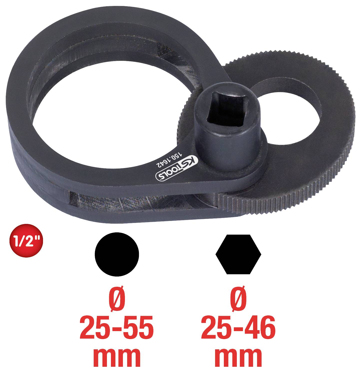 Schwarzer Rohrabschneider mit zwei Öffnungen für Rohrgrößen von 25-55 mm und 25-46 mm. Roter Kreis zeigt '1/2