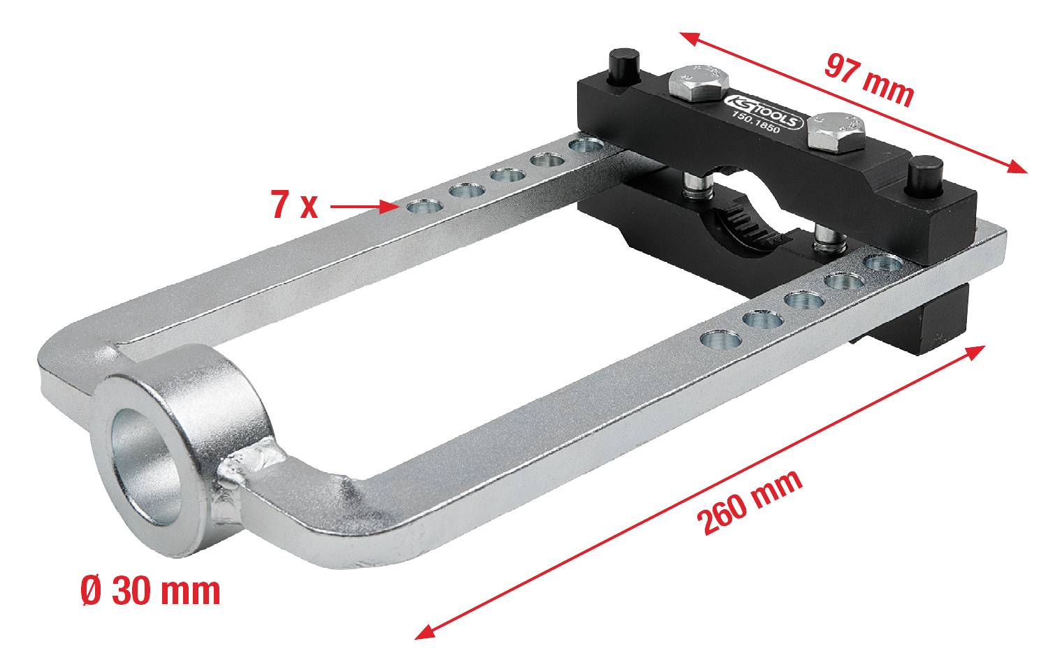 Metallischer Winkelhalter mit Stangenbefestigung, Löchern für Schrauben ('7 x'), und markierten Maßen: Länge 260 mm, Breite 97 mm, Durchmesser 30 mm.