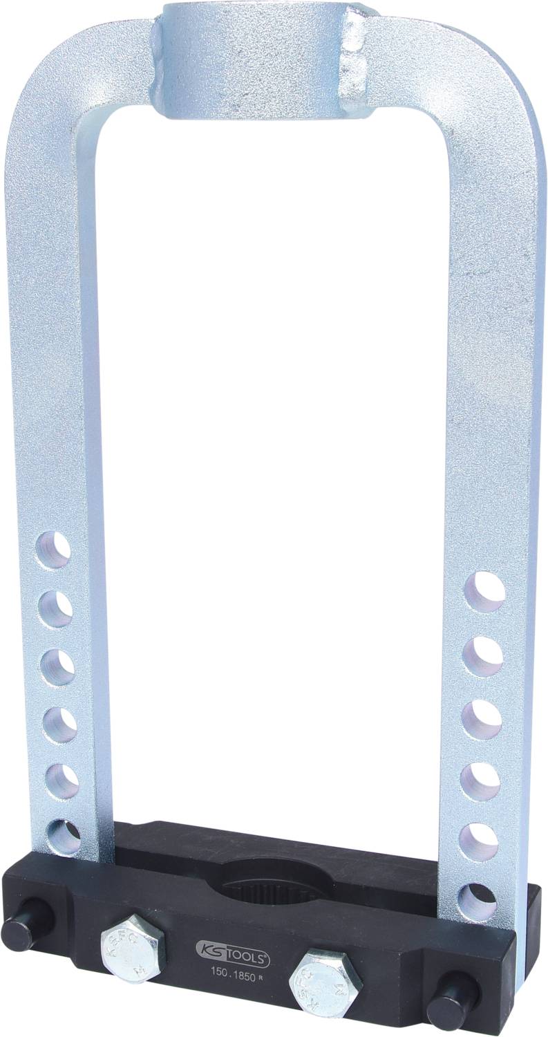 Metallische Halterung mit U-förmiger Struktur, mehreren Löchern und einer Basis mit Schrauben.