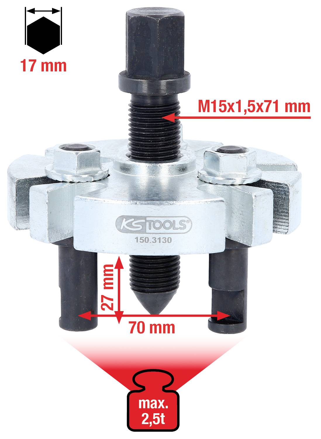 Abzieher mit drei Armen für Lager bis max. 2,5 Tonnen. Maße: M15x1,5x71 mm, 17 mm Sechskant, 27 mm Armmontage, 70 mm Breite.
