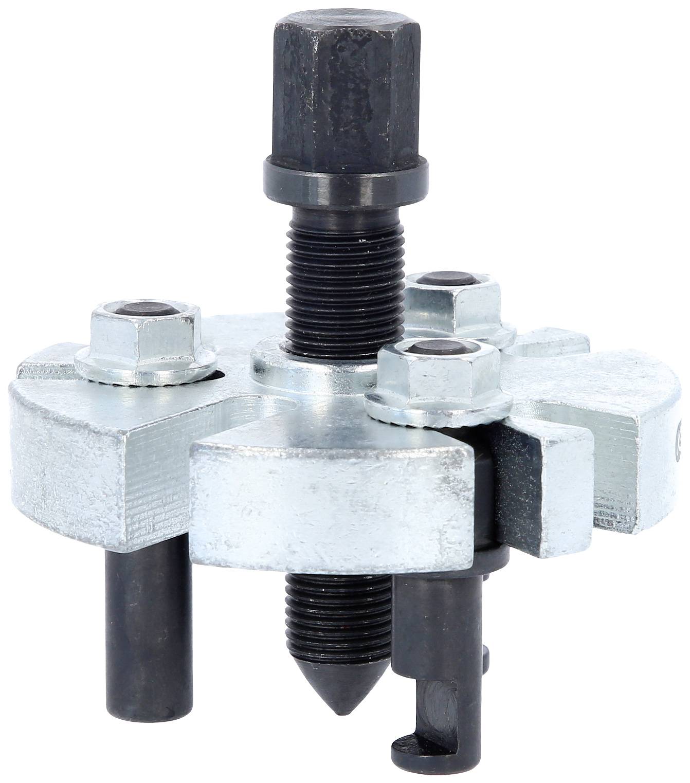 Metallisches Werkzeug mit festem schwarzen Einsatz, drei verstellbaren Armen, Muttern und Schrauben für mechanisches Greifen und Lösen.