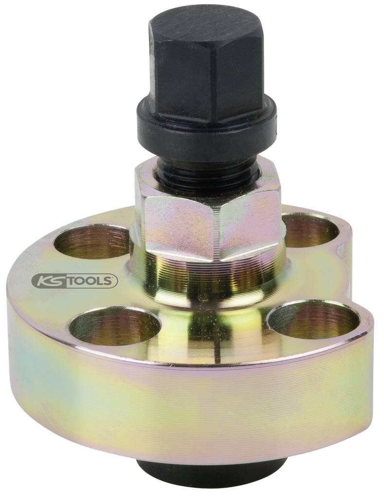 Ein speziell geformtes Metallwerkzeug mit drei Löchern und einem schwarzen Drehkopf, gekennzeichnet mit 'KS TOOLS', verwendet für Autoreparaturen.