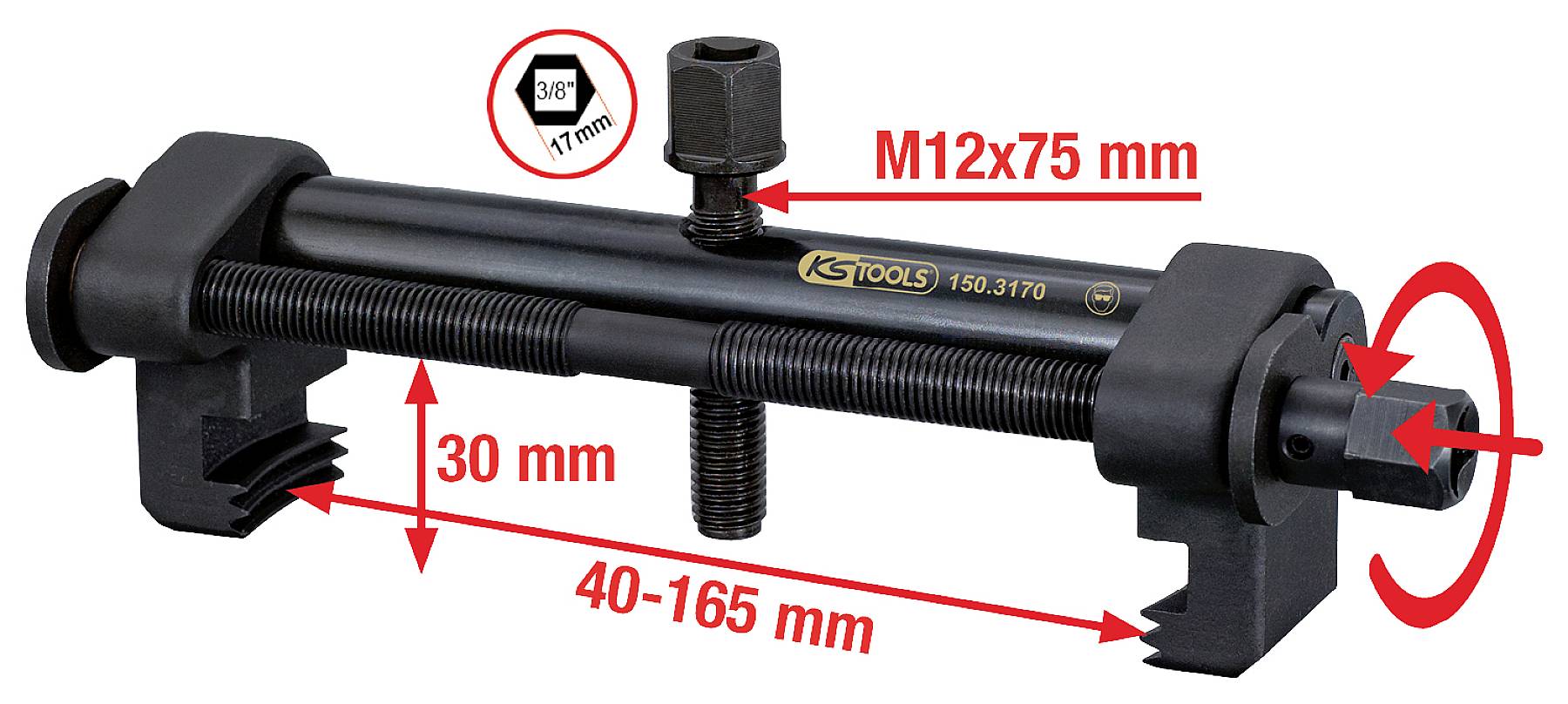 Druckrohrspannzange von KS Tools, Längen: 40-165 mm, Spannbereich: 30 mm, Schraube: M12x75 mm, 360° drehbar, Innendurchmesser: 17 mm.