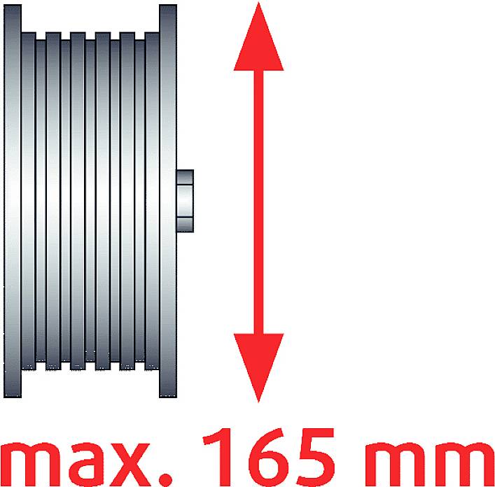Seitenansicht einer Riemenscheibe mit einer maximalen Breite von 165 mm, angezeigt durch einen roten Doppelpfeil und Text darunter.