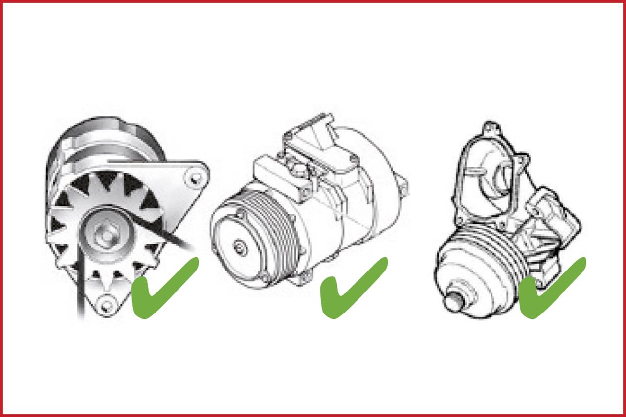 Drei technische Zeichnungen von Autoteilen, jedes mit einem grünen Häkchen darunter.
