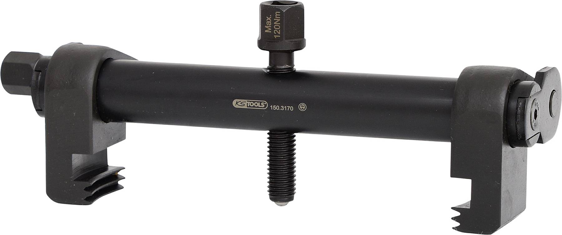 Schwarz lackiertes Werkzeug zum Entfernen und Installieren von Spurstangenkopf, mit zentraler Schraube und Klemmen an beiden Enden.