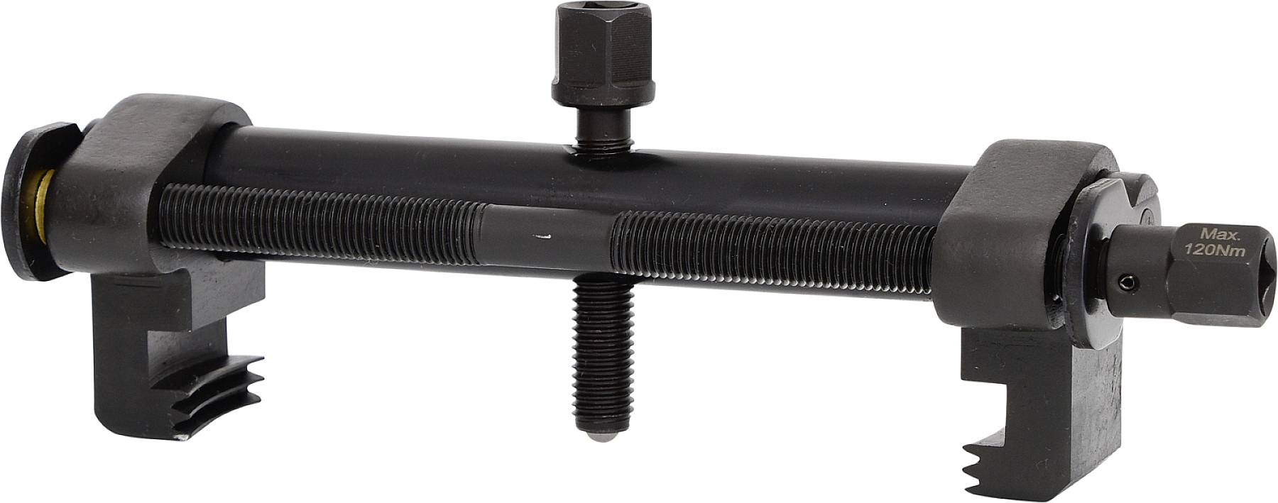 Ein schwarzes mechanisches Werkzeug mit zwei Klammern an den Enden und einer zentralen Schraube zur Stabilisierung oder Montage.