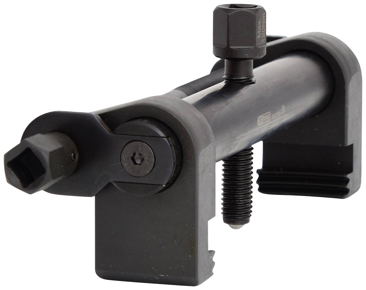 Ein schwarzes Metallwerkzeug mit zwei Schrauben und einem Hebelarm, verwendet zum Entfernen von Befestigungen oder Bolzen.