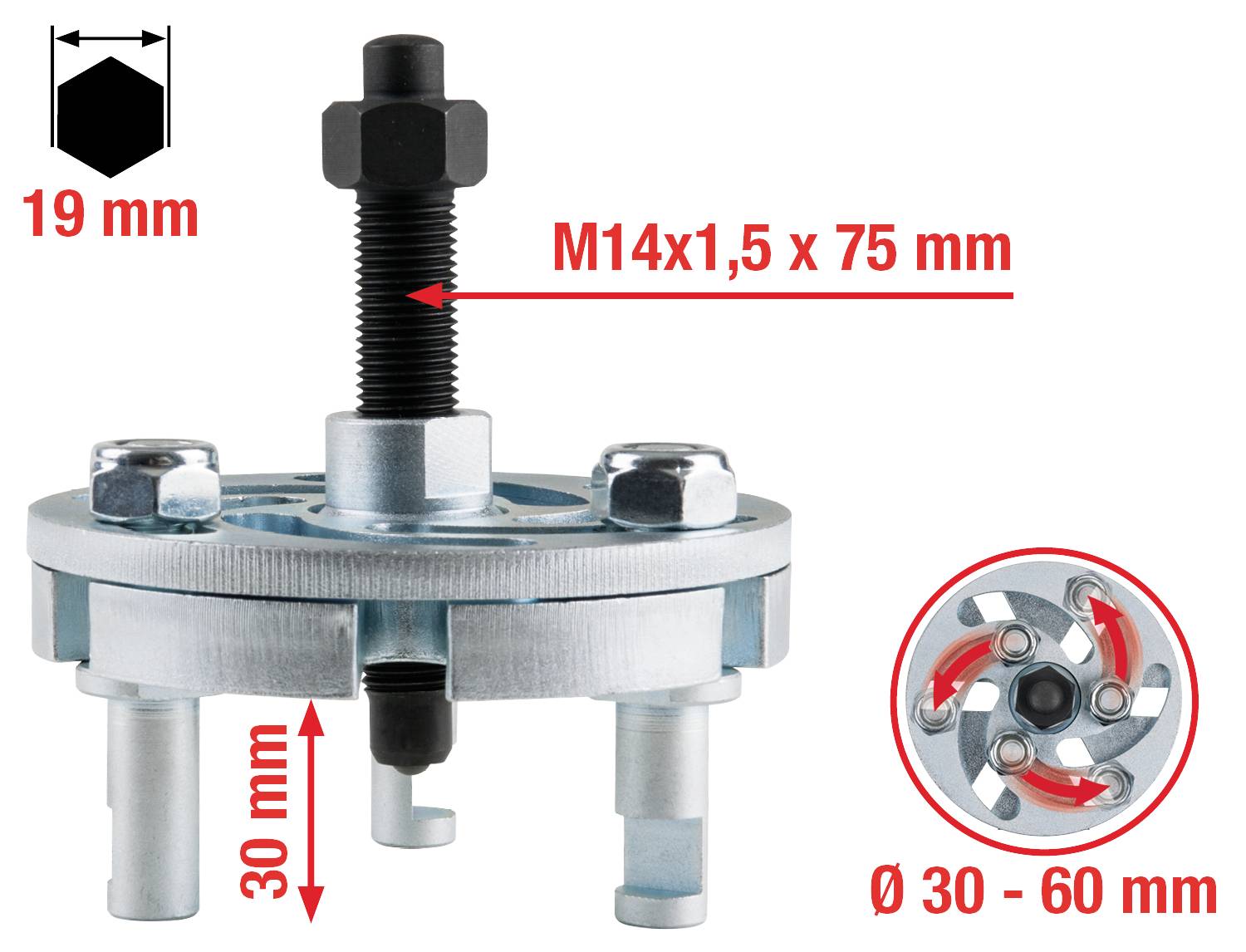 'Bremskolben-Rückstellwerkzeug' mit einer Schraube M14x1,5 x 75 mm und Einstellbereich Ø 30-60 mm. Höhe beträgt 30 mm.