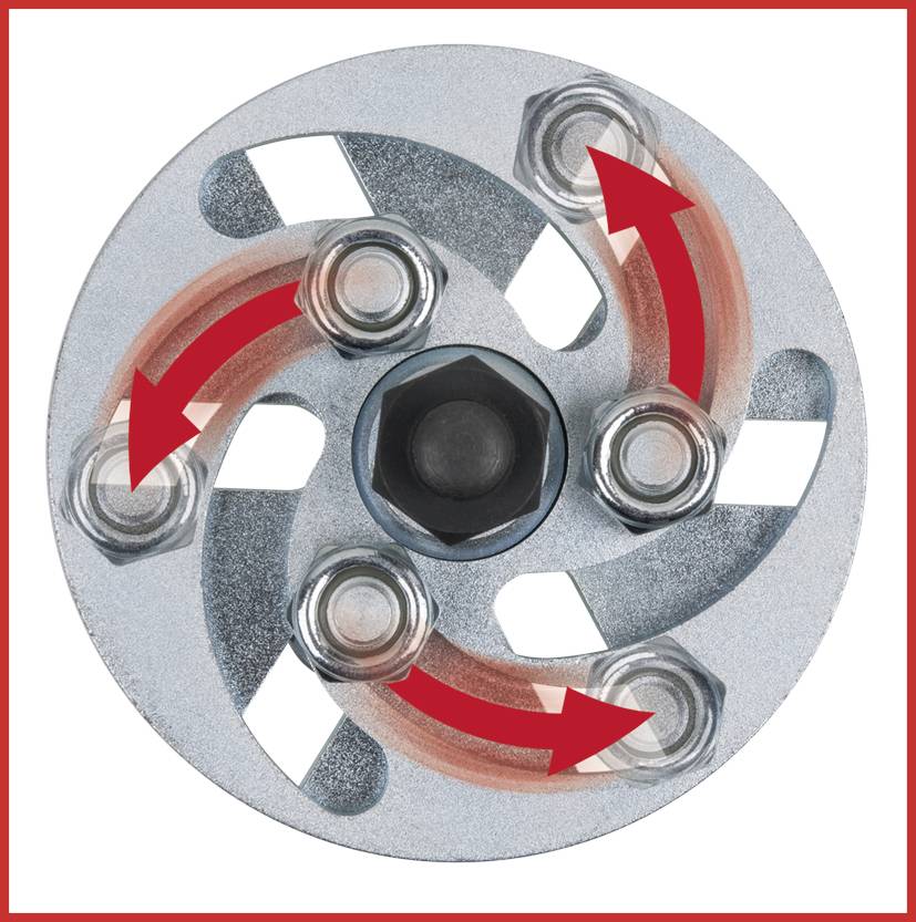 Metallscheibe mit Pfeilen, die die Drehrichtung anzeigen; zeigt die Funktionsweise einer Kupplung oder eines Rotationssystems.