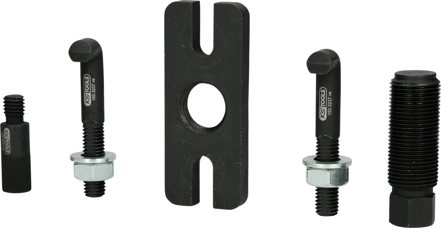 Verschiedene Metallteile für Maschinen und Reparatur. Links und rechts befinden sich Schrauben, in der Mitte ein Halterungselement.