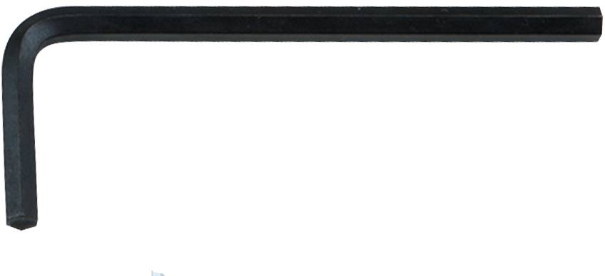 Ein schwarzer Inbusschlüssel in L-Form, auf einem weißen Hintergrund liegend. Verwendet zum Anziehen oder Lösen von Innensechskantschrauben.