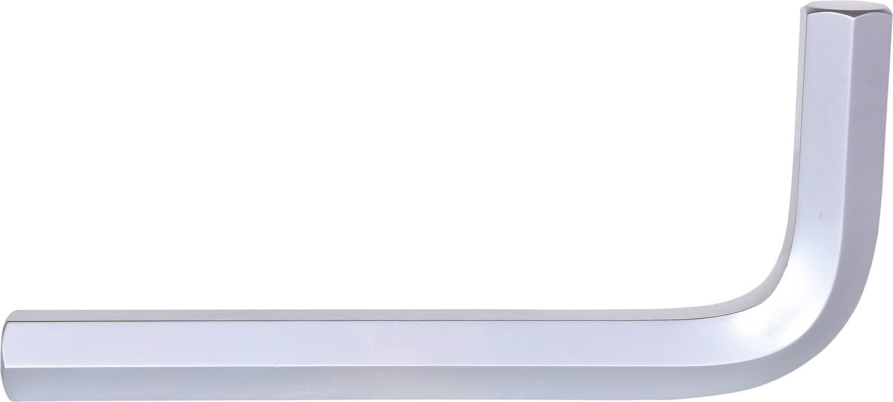 Ein silberner Sechskantschlüssel, der um 90 Grad gebogen ist, liegt auf weißem Hintergrund. Hauptsächlich für Schrauben mit Innengewinde.