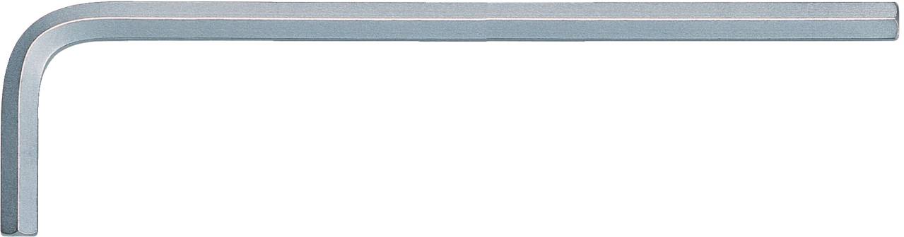 Ein silberner Inbusschlüssel in L-Form, horizontal ausgerichtet, vor einem weißen Hintergrund.