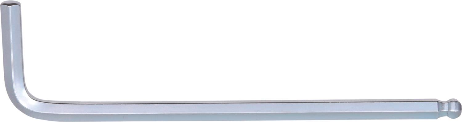 Ein silberfarbener Sechskantschlüssel, L-förmig, zum Anziehen oder Lösen von Schrauben mit Innensechskant.