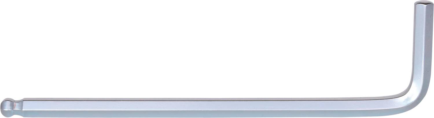 Ein silberner L-förmiger Inbusschlüssel mit abgerundeten Enden liegt waagerecht. Werkzeug zum Anziehen oder Lösen von Schrauben.