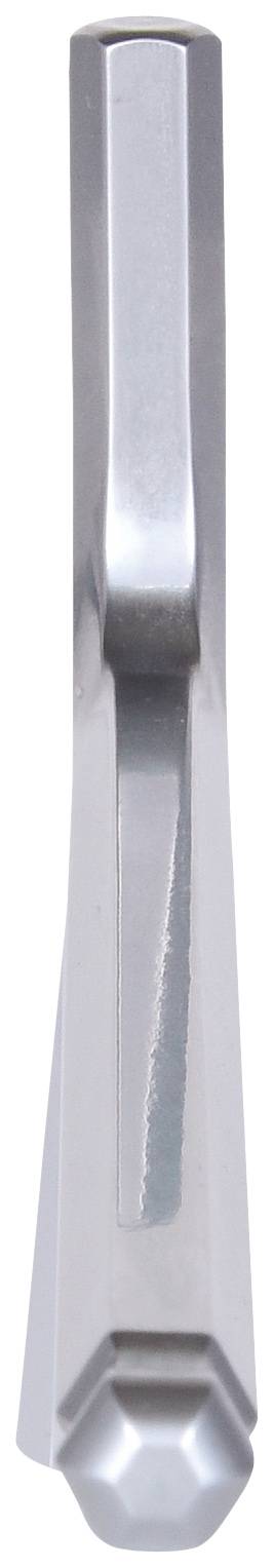 Ein silberner, glänzender Dosenöffner aus Metall mit einem ergonomischen Griff, vertikal dargestellt.