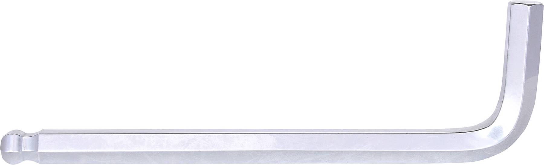 Ein silberner Inbusschlüssel mit einer L-Form, metallisch glänzend, auf weißem Hintergrund. Geeignet zum Anziehen von Schrauben.